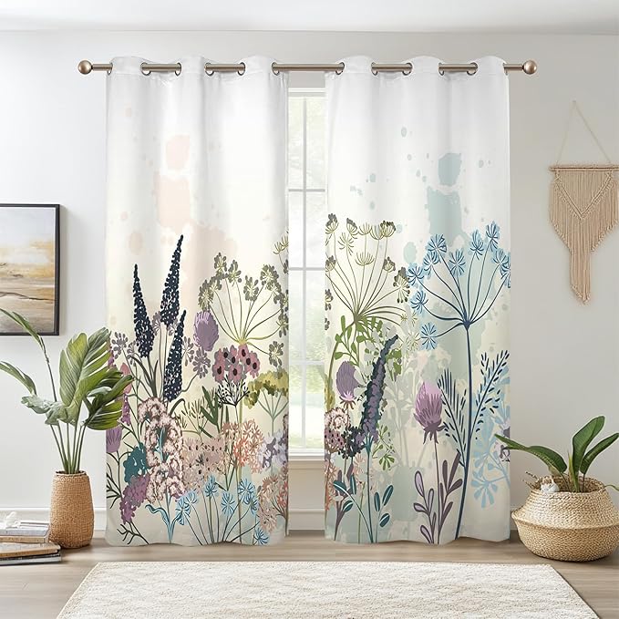 Renaiss Wildflowers Blackout Curtains Vintage Botanical Floral Plant Thermal Insulated Window Drapes for Bedroom 53W x 63L inches 2 Panel Set Window Curtain Panels for Kitchen