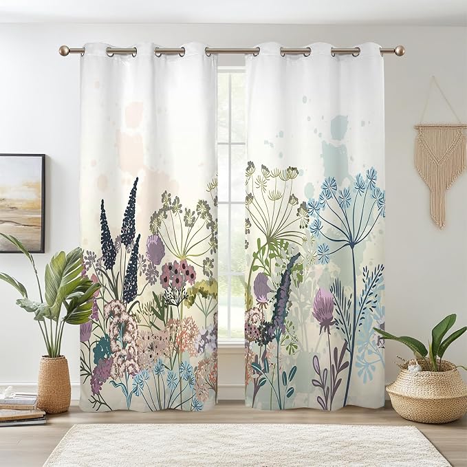 Renaiss Wildflowers Blackout Curtains Vintage Botanical Floral Plant Thermal Insulated Window Drapes for Bedroom 29W x 55L inches 2 Panel Set Window Curtain Panels for Kitchen