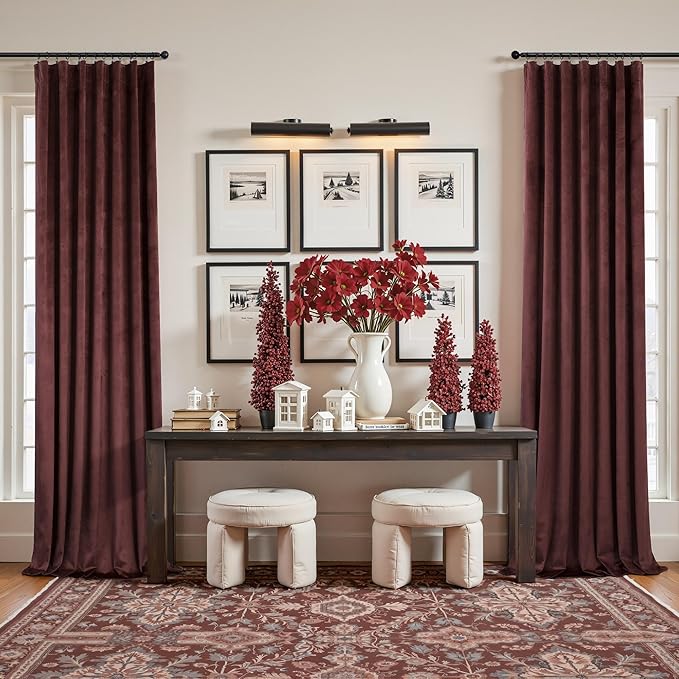 Room Darkening Luxurious Velvet Curtains Ruby Wine 108 Inches Long 2 Panel Noise Absorbing Thermal Insulating Drapes Feminine Curtains for Bedroom Holiday Party Backdrops Media Movie Theater Film Room