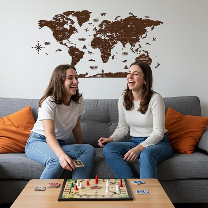 Colorfull Worlds, Multilayer 3D Wooden World Map, Travel Map States and Capitals, Wall Decor For New House, Gift For Travelers, Office Decor, Birthday Present, Living Room Decoration (M, Light Brown)