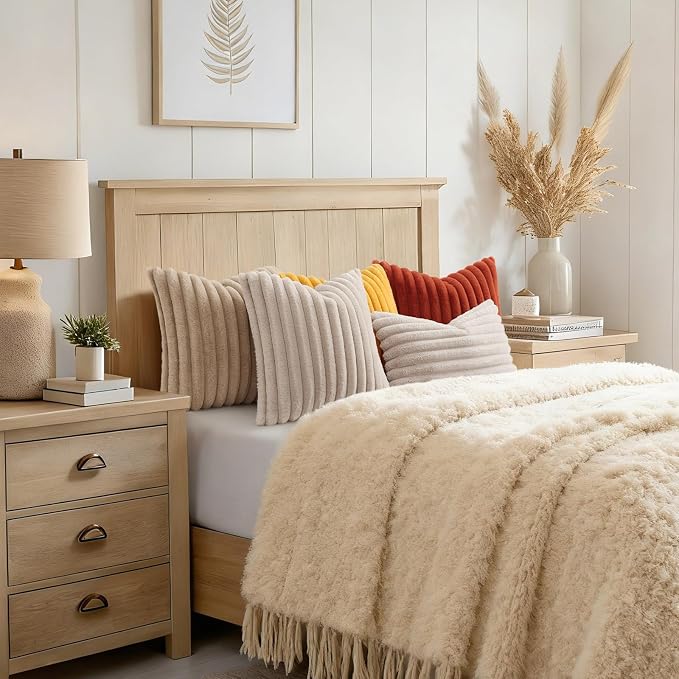 decorUhome Fall Cozy Faux Fur Throw Pillow Covers 12x20 Set of 2 Decorative Plush Striped Lumbar Modern Farmhouse Boho Couch Pillow Cases with Velvet Back for Sofa Bed Living Room, Mustard Yellow