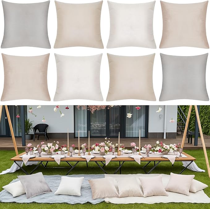 Berlune 8 Pcs Velvet Throw Pillow Covers 18" x 18" Decorative Cushion Cases Soft Pillowcase for Coquette Graduation Party Accessories Couch Sofa Bed Chair Home Decor, No Inserts (Beige Gray Colors)