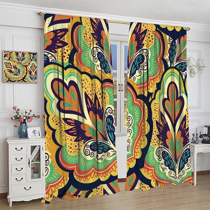 Modern, Minimalist Blackout Curtains; Vintage Bohemian Paisley and Floral Patterns; for Bedrooms, Living Rooms, and Kitchens63X72 Inch