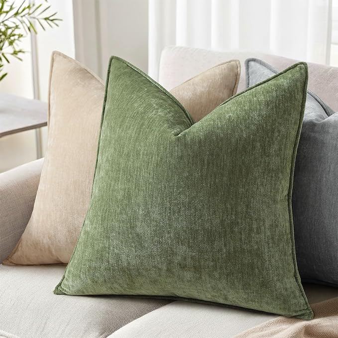 decorUhome Fall Couch Throw Pillow Covers 18x18 Set of 2, Decorative Soft Velvet Modern Cozy Chenille Pillow Cases with Elegant Design for Sofa Bed Living Room Home Decor, Olive Green