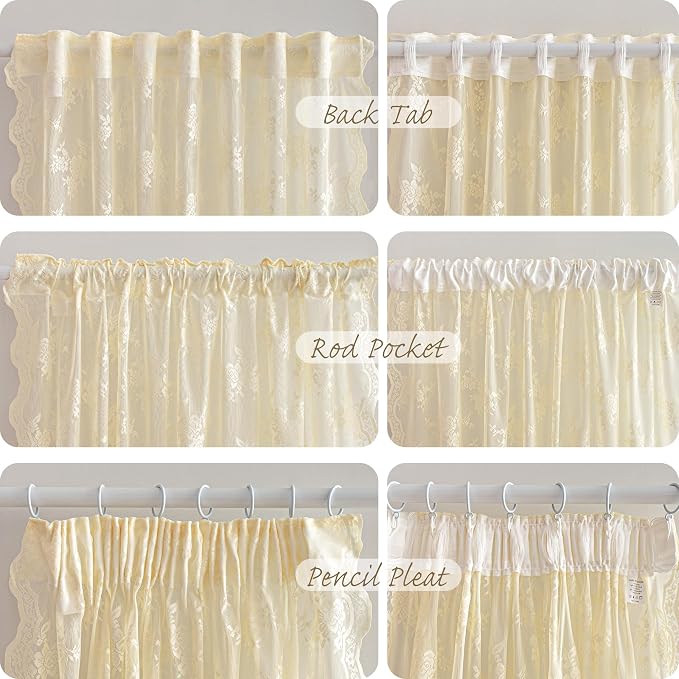 MEETSKY Vintage Lace Sheer Curtains 96 Inch Long 2 Panels Set for Dining Room French Victorian Spring Floral Pattern Design Light Filtering Rod Pocket Drapes, 50" W Each Panel, Light Yellow