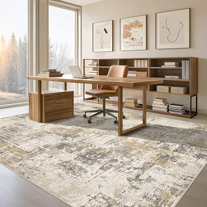 Tortania Washable 9x12 Area Rug for Living Room: Modern Abstract Neutral Large Soft Thin Rugs - Non Slip Indoor Carpet for Bedroom Dining Room Office Nursery Home Floor Decoration - Beige/Brown/Gray