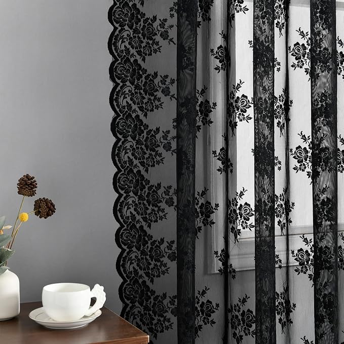 Kotile Black Lace Curtains 63 Inch Length 2 Panels, Country Rustic Floral Gothic Sheer Curtains for Halloween, Rod Pocket Vintage Privacy Sheer Lace Curtains, 42 x 63 Inch Each, 1 Pair, Black