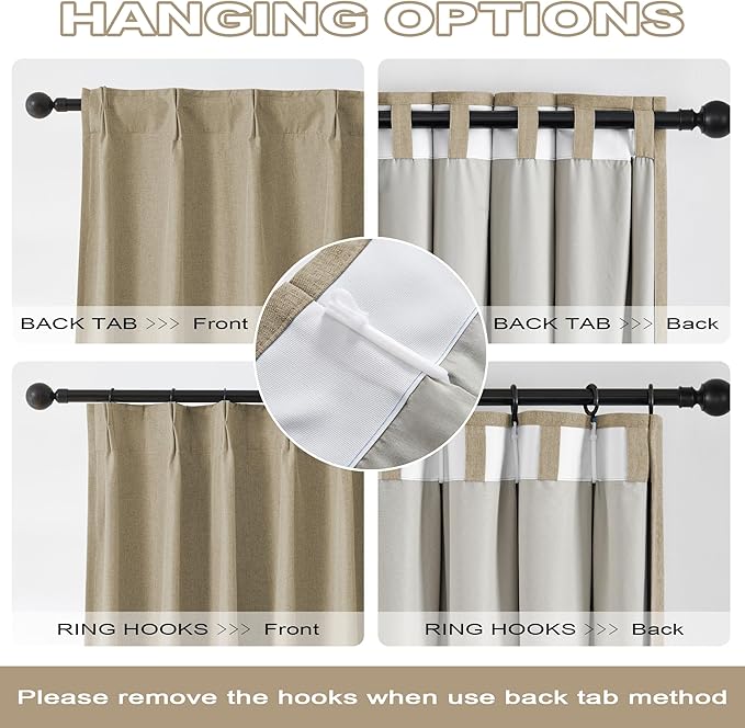 DUALIFE Blackout Pinch Pleated Curtains for Bedroom 95 Inch Length, Linen Blended Farmhouse 100% Blackout Thermal Insulated Back Tab Drapes with Hooks for Track System 2 Panels-Taupe, W50xL95