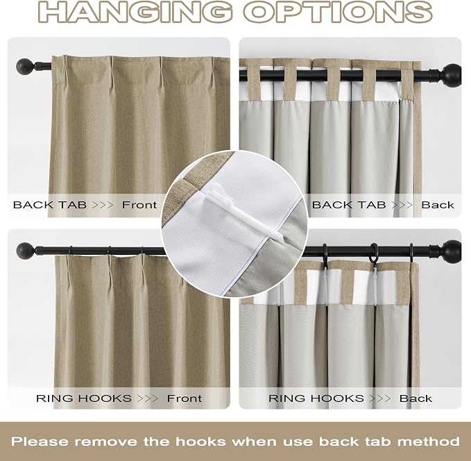 DUALIFE Taupe Blackout Pinch Pleated Curtains for Bedroom 102 Inch Length, Linen Blended Farmhouse 100% Blackout Thermal Insulated Back Tab Drapes with Hooks for Track System 2 Panels W40xL102