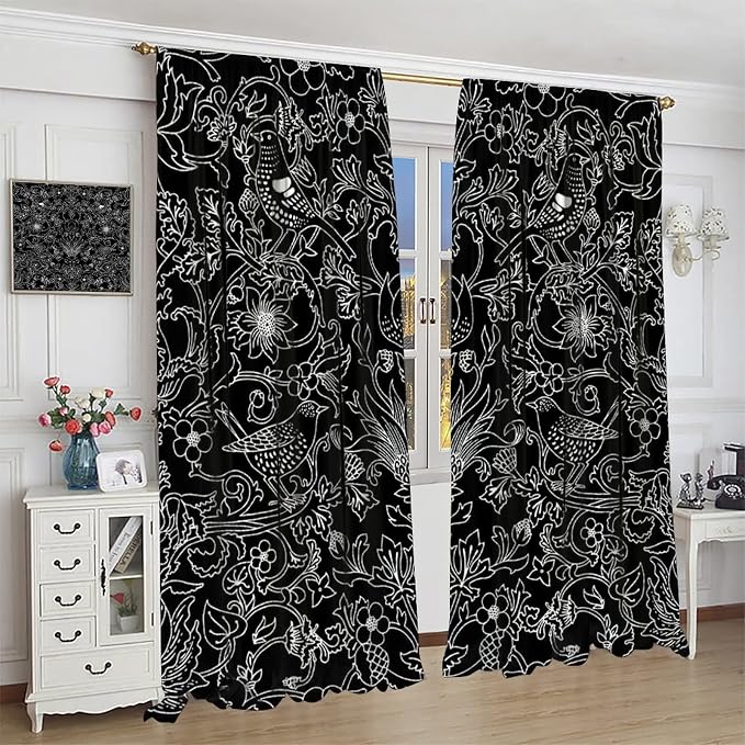 Bohemia William Morris Art Blackout Window Curtains, Vintage Flowers and Birds Dark Magic Forest Background, for Living Room Bedroom 42(W)*84(L) 2 Panels