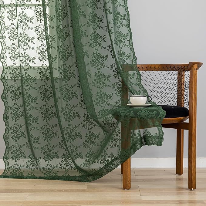 YJ YANJUN Vintage Lace Curtains 84 Inches Long- Country Olive Green Boho Sheer Curtains for Living Room Bedroom Scalloped Light Filtering Christmas Decor 2 Panels Set W52 X L84 Dark Forest