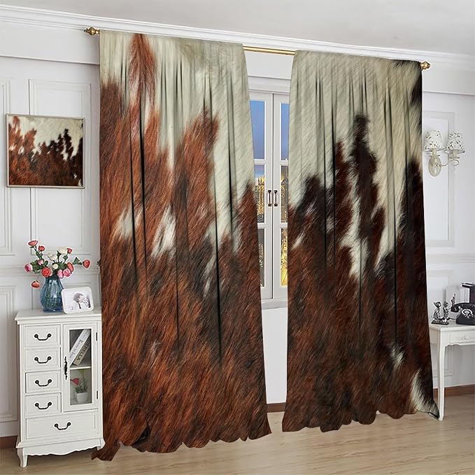 Cowhide Blackout Curtain, Rustic Western Cow Fur Skin Print Brown White Animal Print Curtains Rod Pocket Window Treatments 2 Panels Drapes for Kitchen Bedroom Living Room Offiec Decor 63"W X 63"L