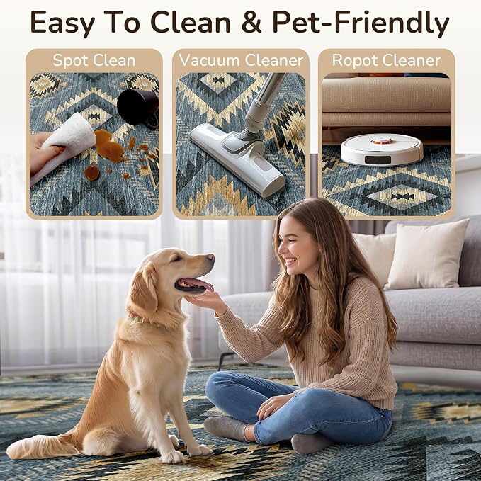 BESTSWEETIE Area Rug 6x9 Rug Machine Washable Rug Non-Slip Low Pile Print Pattern Western Rug for Living Room Bedroom Entryway Tribal Series -Navy/Grey