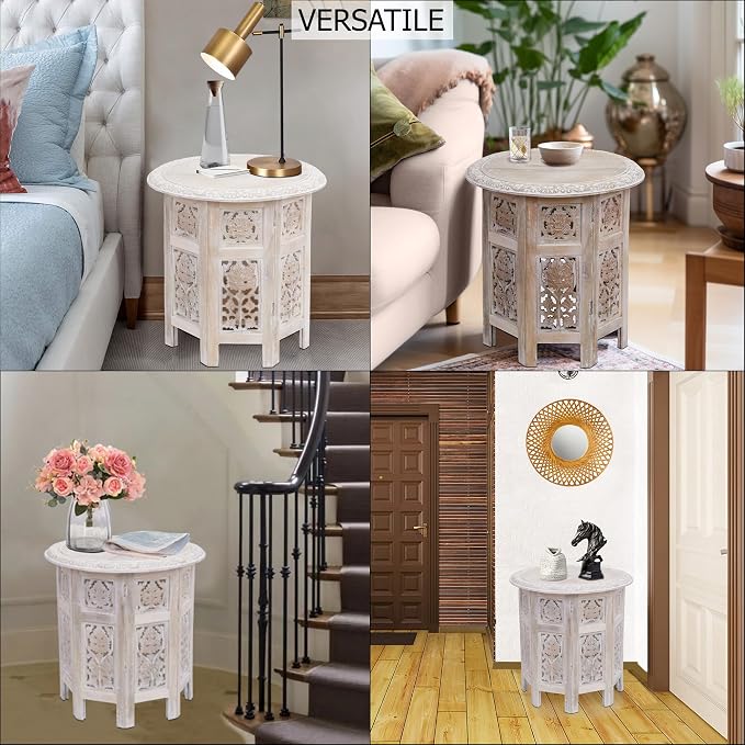 COTTON CRAFT Solid Wood End Table - Hand Carved Vintage Boho Folding Accent Side Table - Small Spaces - Entryway Farmhouse Living Room Bedside - No Tools Assembly - 18x18 Round - White Wash