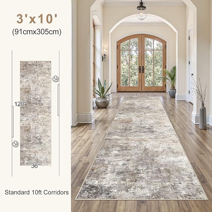 UERMEI 3x10 Washable Runner Rug for Hallway, Non Slip Low Pile Kitchen Carpet, Neutral Modern Abstract Indoor Floor Mat for Entryway Laundry, Kid & Pet Safe High Traffic Area, Brown Grey