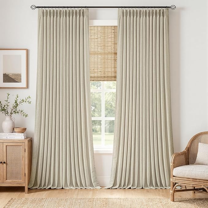 MIULEE Pinch Pleated Thick Linen Curtains 102 Inches Long 2 Panels for Living Room Bedroom, Beige Linen Textured Drapes Pleat Back Tab Memory Trained Light Filtering Curtains with Hooks