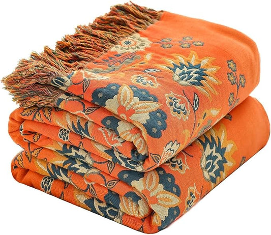 King Throw Blanket for Bed Couch,100% Organic Cotton Reversible Soft Quilt, Orange Floral Breathable Lightweight Blankets,90"×108" Extra Large Sofa Throws for 3 4 Seater with Tassels,Teal
