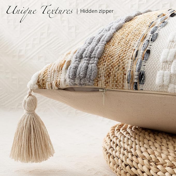 Kevin Textile 14x20 Inch Lumbar Throw Pillow Cover 1 Pack Boho Decorative Soft Chenille Thread Woven Tufted Textured Rectangle Cushion Case Farmhouse Accent for Living Room Couch Sofa Bed, Beige