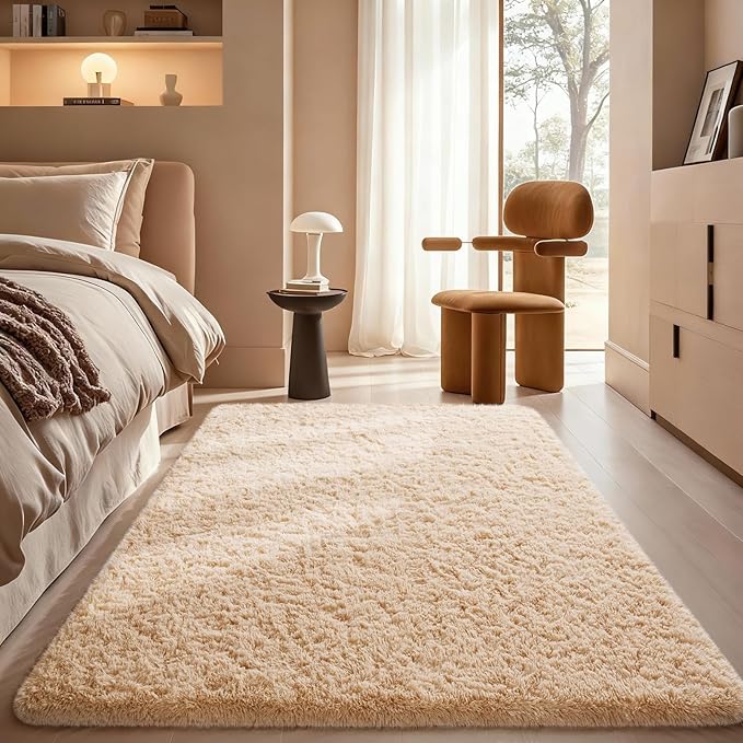 Ophanie Beige Rugs for Bedroom Living Room, Fluffy Fuzzy Furry Carpet,Plush Soft Shaggy Bedside Indoor Floor 4x6 Area Rug for Kids Girls Boys Baby Teen Dorm Nursery Decor with Over 99 pcs Pile fibers