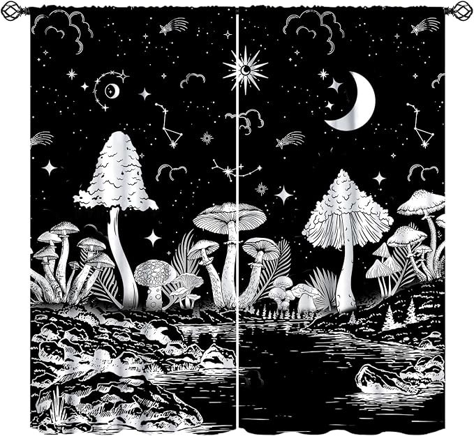 Black White Mushroom Curtains,Mountain with Pine Trees and Lake Landscape Window Drapes,Boho Galaxy Star Print Blackout Window Treatment for Bedroom Living Room College Dorm 84x84in