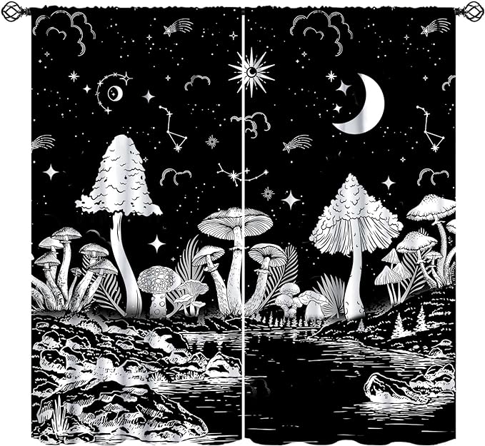 Black White Mushroom Curtains,Mountain with Pine Trees and Lake Landscape Window Drapes,Boho Galaxy Star Print Blackout Window Treatment for Bedroom Living Room College Dorm 42x54 Inch