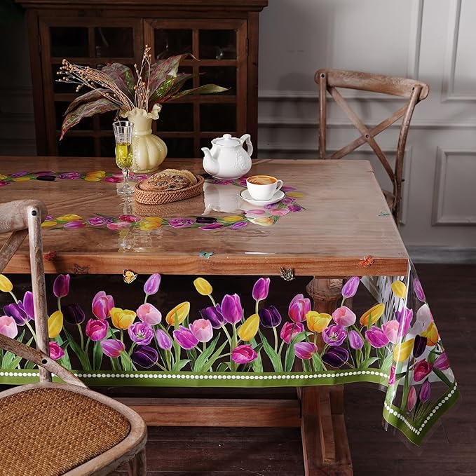 Clear Table Protector Cover Vinyl Rectangle PVC Tablecloth with Tulip Waterproof Oil Proof Wipeable Plastic Tablecloths for Spring Summer Home Kitchen Dining Table (Tulip, 52 x 70 Inches)