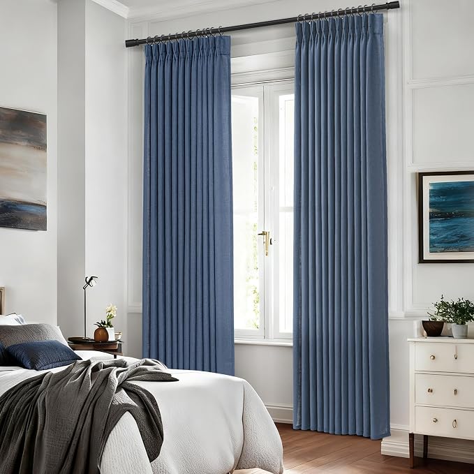Pinch Pleated Navy Blue Curtains 108 inches Long 2 Panels for Living Room Textured Semi Sheer Pleat Linen Drapes 108 Inch Length with Hooks Navy Sliding Door Curtain Light Filtering 9 ft