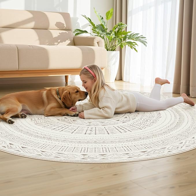 cotiled 6x6 Round Area Rugs Living Room Rug: Washable Boho Rugs with Non Slip Backing Large Soft Indoor Stain Resistant Carpet for Bedroom Farmhouse Dining Room Lightweight Home Decor L Brown/Cream