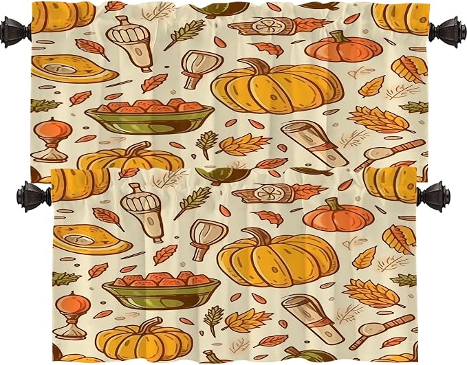 Shrahala Thanksgiving Seamless Pattern Blackout Short Curtains for Windows, Pumpkin Apple Pear Leaves Kitchen Valance Thermal Insulated Rod Pocket Window Treatment for Bathroom 2 Pack 52 X 18 in