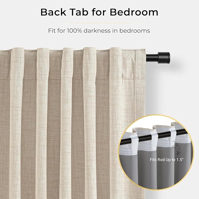 INOVADAY 100% Blackout Curtains for Bedroom, Cream Black Out Curtains 120 Inch Long, Clip Rings Linen Blackout Drapes, Thermal Insulated Room Darkening for Living Room, 2 Panels - W50xL120