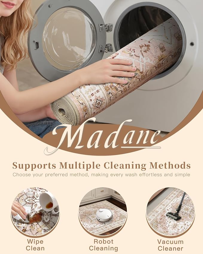 Madane Washable Runner Rug 2x6 Runners for Hallways Non Slip, Pink | Vintage Stain-Resistant 6 Feet Kitchen Rug, Soft Low-Pile Ultra-Thin Floor Carpet Mat for Bathroom Laundry Room Bedroom 2x6ft