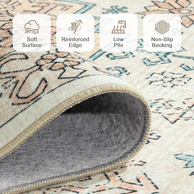 Lofus Vintage Living Room Rugs 8x10, Soft Machine Washable Area Rug for Bedroom Indoor Floor Home Office House Decor, Oriental Traditional Distressed Farmhouse Carpet, Boho Beige and Orange