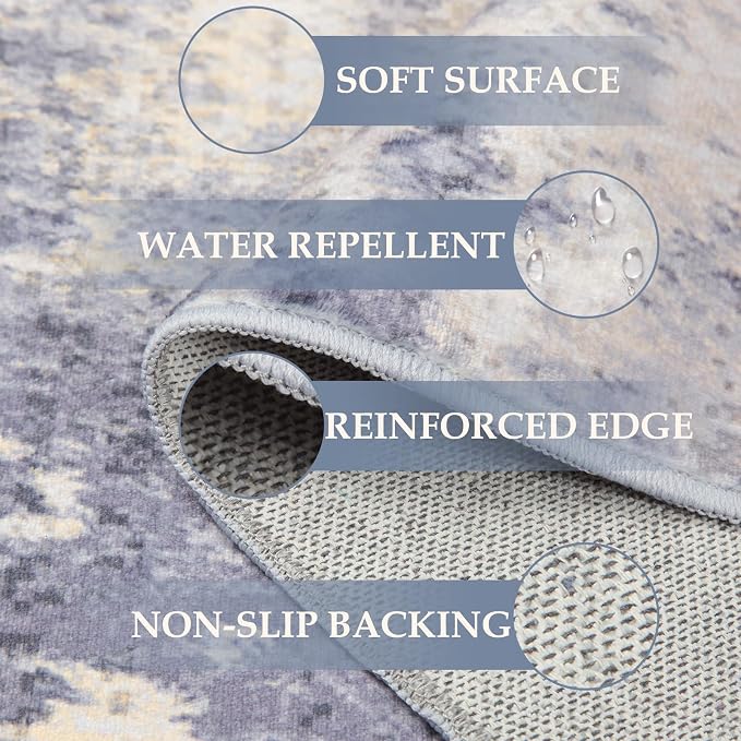 RELEANY Washable Area Rugs 9'x12' Non-Slip Modern Abstract Soft for Living Room Entryway Bedroom Kitchen, Print Pattern, Purple Grey Cream Yellow