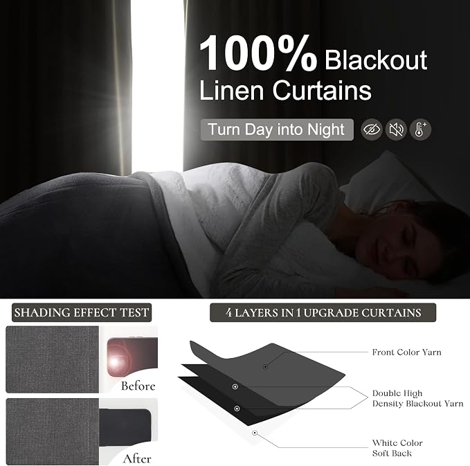 Dark Grey Blackout Curtains 84 Inch Length 2 Panels Set for Bedroom,Modern Faux Linen Room Darkening Pleated Charcoal Gray Burg with Rod Pocket 84 Inch Insulated Curtain for Office Sunroom (50"Wx84"L)