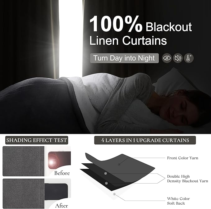 Dark Gray 100% Black Out Linen Curtains 90 Inches Long 2 Panels Set for Kids Boys Room, Country Farmhouse Pleated Ceiling Track Curtain Window Drapes Heavy Thermal for Nursery Charcoal Grey(50"Wx90"L)