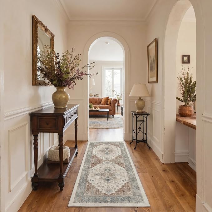 GENIMO 2x5 Runner Rugs for Hallway Kitchen and Laundry Room Non Slip Low Pile Machine Washable Lightweight Print Rug for Bedroom Bathroom Entryway, Floral Medallion, Dusty Beige