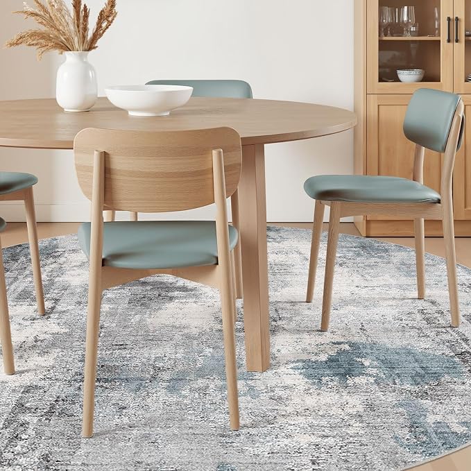 Abstract 9FT Round Rug: Machine Washable Non Slip Ultra Thin Low-Pile Carpet, Soft Stain Resistant for Living Dining Room Bedroom, Kid Pet Friendly, Robot Vacuum Compatible - Grey Blue