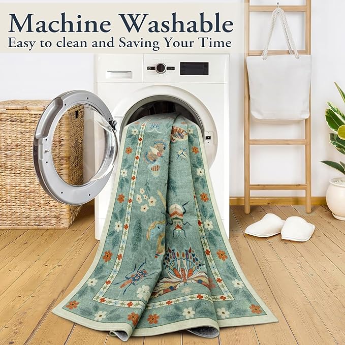 Lahome Insect Washable Area Rugs 5x7, Soft Green Rug for Living Room Bedroom Ultra-Thin Non-Shedding, Modern Stain Resistant Throw Large Carpet for Dining Room Nursery Vionnet(5'x7',Green)