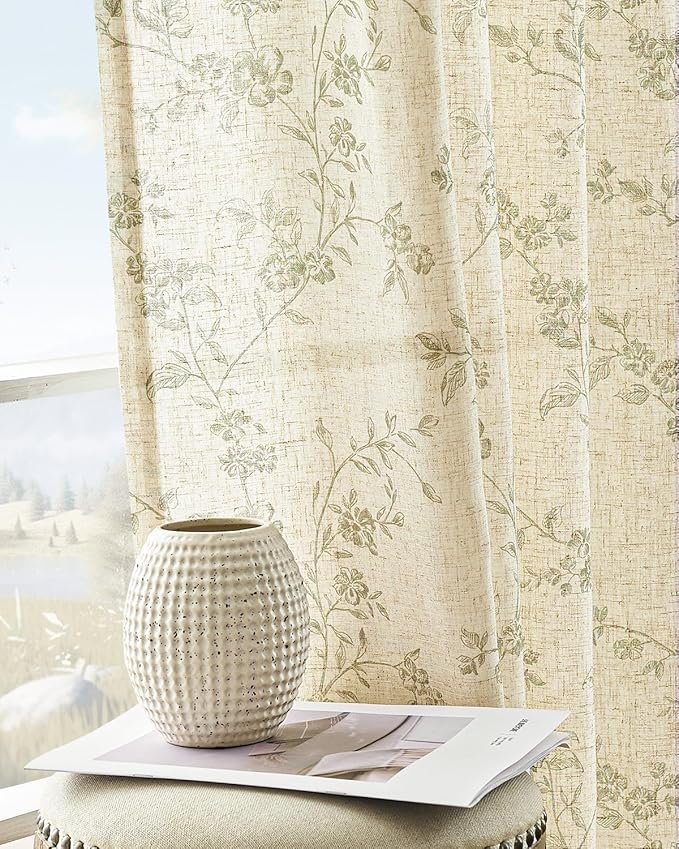 jinchan Green Floral Linen Curtains 96 Inch Farmhouse Back Tab 2 Panels | Flower patterned drapes, french country, light filtering, semi sheer, printed, privacy, bedroom, living room, home decor