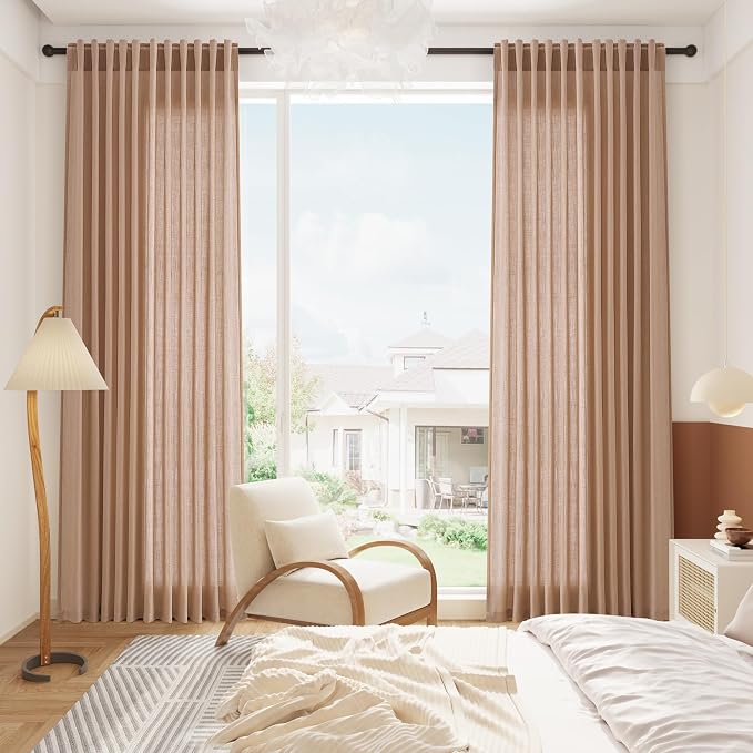 Peach Linen Curtains 90 Inch Long 2 Panels for Girl Bedroom Soft Linen Textured Window Drapes Semi Sheer Light Filtering Rod Pocket Back Tab Farmhouse Curtain Soft Vibrant Living Room 52x90