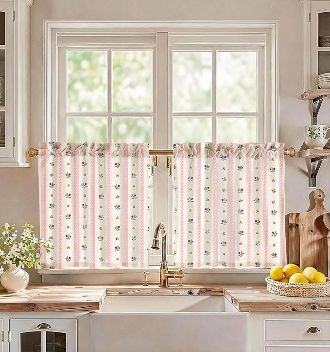 Miss Adola Farmhouse Kitchen Tier Curtains - 24 Inch Length Linen Blend Boho Floral Cafe Curtains Stripe Small Window Treatments Over Sink Rod Pocket for Bathroom Living Room Light Filtering, 2 Panels