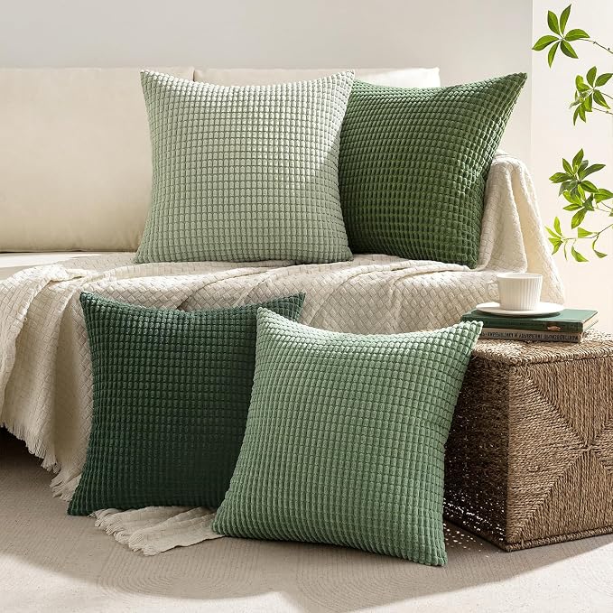 MIULEE Forest Green Boho Decorative Pillow Covers 16x16 Inch Set of 4 | Boho Farmhouse Home Decor Mordern Nordic Throw Pillows Covers Summer Soft Corduroy for Couch Bed Sofa Living Room