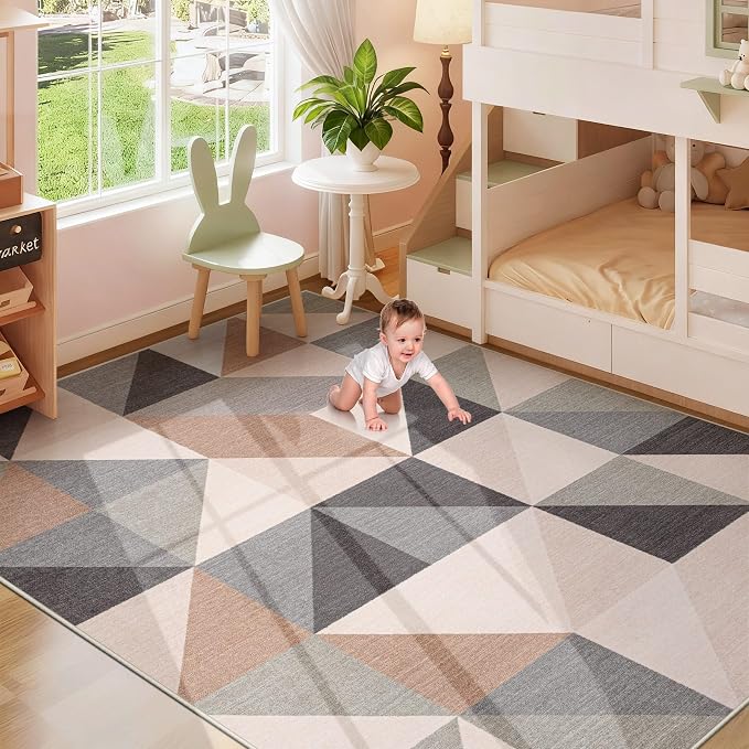 Washable Rug 6x9 Area Rugs: Modern Geometric Area Rug for Living Room Non-Slip Neutral Soft Carpet Low Pile Stain Resistant Indoor Rugs for Bedroom Nursery Dining Room Office (Beige Brown, 6'X9')