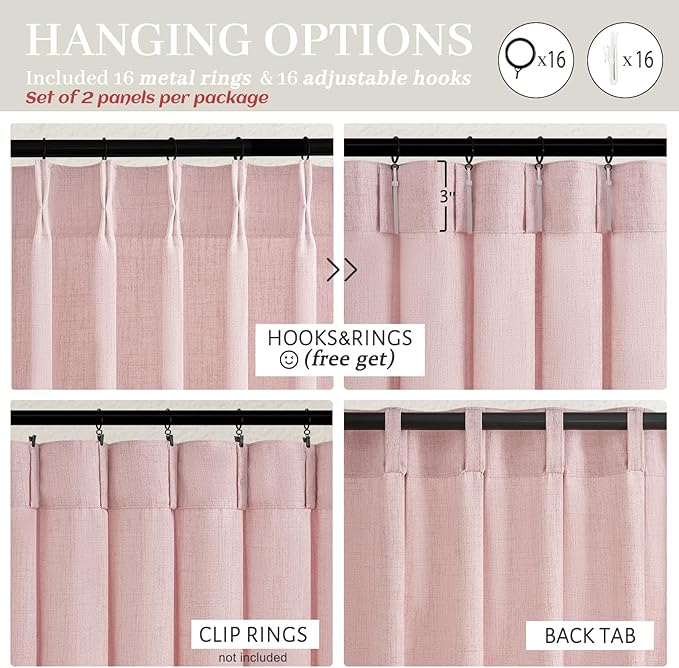 Cute Baby Pink Memory Trained Pinch Pleated Curtains 84 Inch Length 2 Panels Set for Girl Room Nursery, Linen Blend Light-Pink Princess Semi Sheer Light Filtering Living Room Drapes Back Tab 40Wx84L