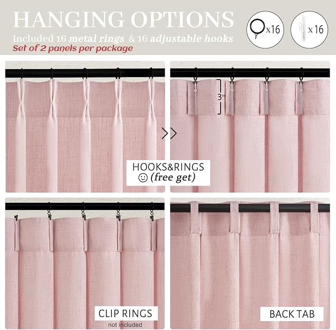 Baby Pink High Ceiling 102 Inches Long Curtains 2 Panels Set for Sliding Glass Door, Beautiful Pinch Pleated Linen Sheer Dining Room Curtain Privacy Light Filtering 100-102 Inch Large Window Drapes