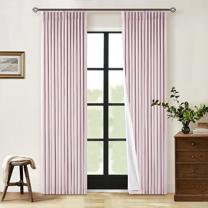 Baby Pink Linen Pinch Pleated Curtains Blackout 100% Black Out Curtains 80 Inches Long 2 Panels Pinch Pleat Two Layer Drapes with Liner Thermal Insulated Blackout Drapes for Nursery Girls Bedroom
