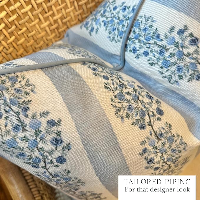 Jillien Harbor “The Juliet” Floral Block Print Pillow Cover – Soft Blue and Off-White Decorative Throw Pillow Cover – Grandmillennial Home Decor, 24" x 24"