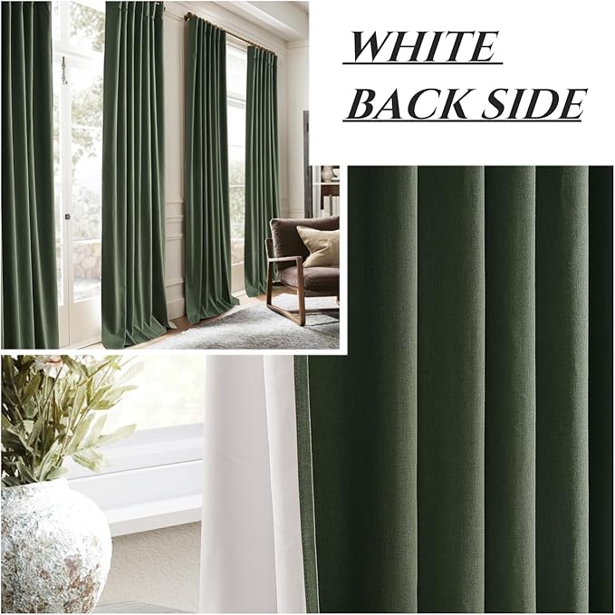 QJmydeco Elegant Blackout Curtains for Living Room Dark Olive Green Linen Blended Closet Cover Curtains 90 Inch Length 2 Panels Set Long Kitchen Drapes Back Tab/Rod Pocket/Hook Belt