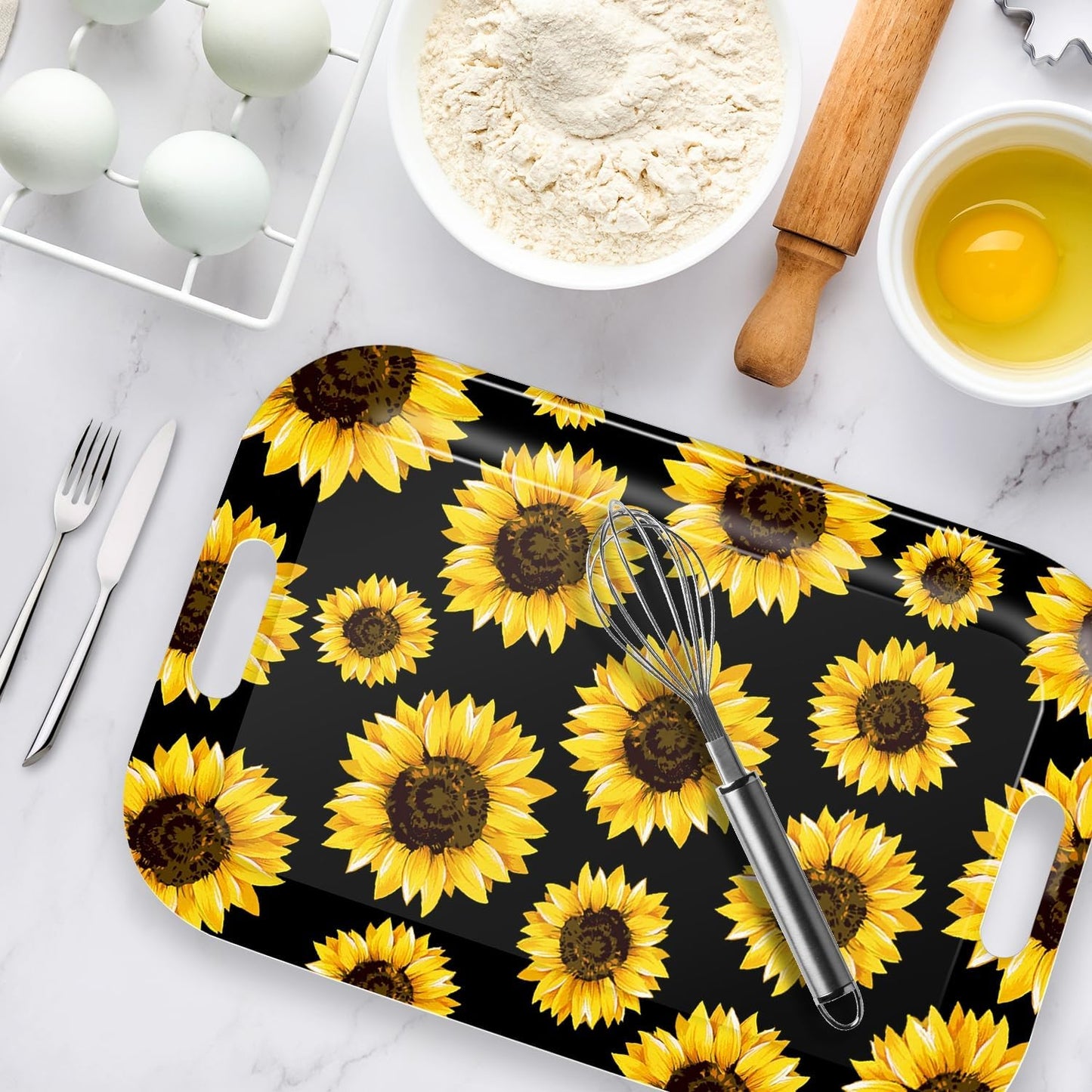 Serving Trays with Handles, 14.5 x 9.8 inch Rectangular Plastic Tray for Restaurant, Kitchen, Sunflower Black Background