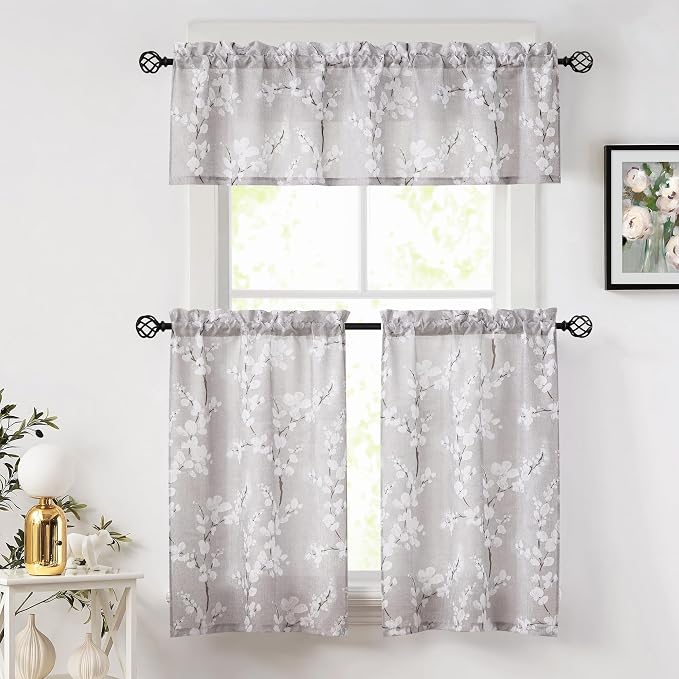FMFUNCTEX Valance Curtains for Kitchen Window Living Room 15" White Blossom Print Short Valance for Bathroom Floral Window Treatment Set 54”W Tan Rod Pocket 1 Panel